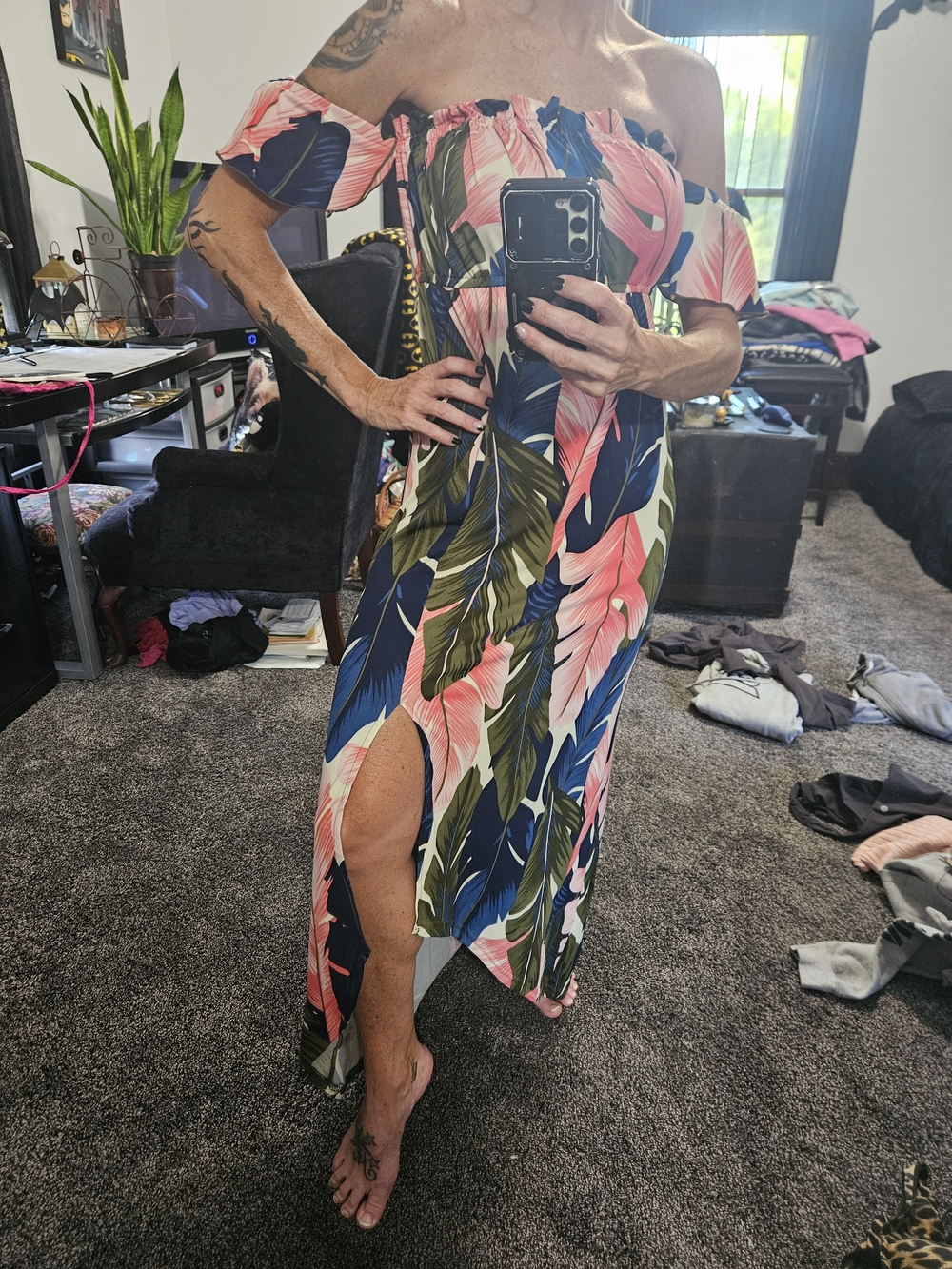 VENUS Off-Shoulder Tropical Maxi Dress in Navy, Pink, Olive